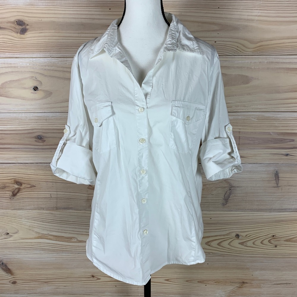 NYDJ Shirt Womens XL White Cuff Roll Tab Sleeve Cotton Utility